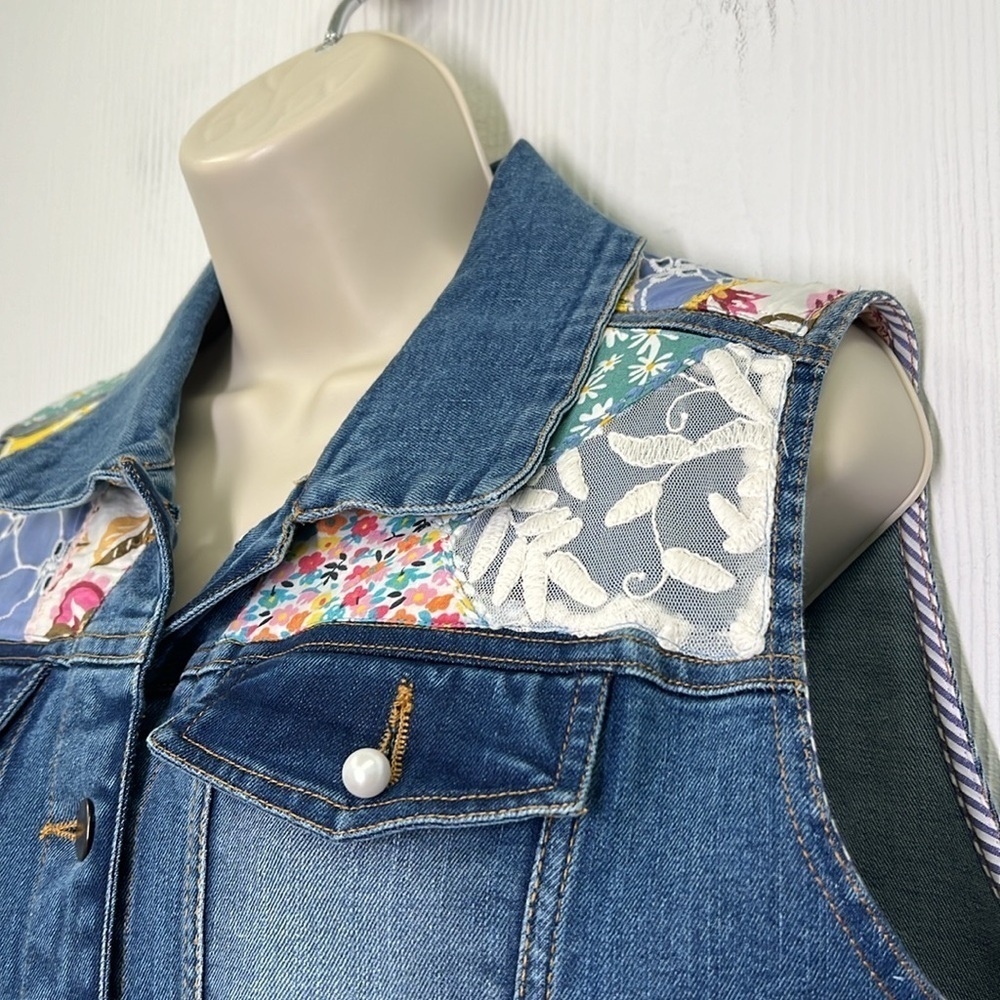 John Mark - Patch Print And Embroidered Floral Sleeveless Denim Button Up Vest L - Picture 7 of 13